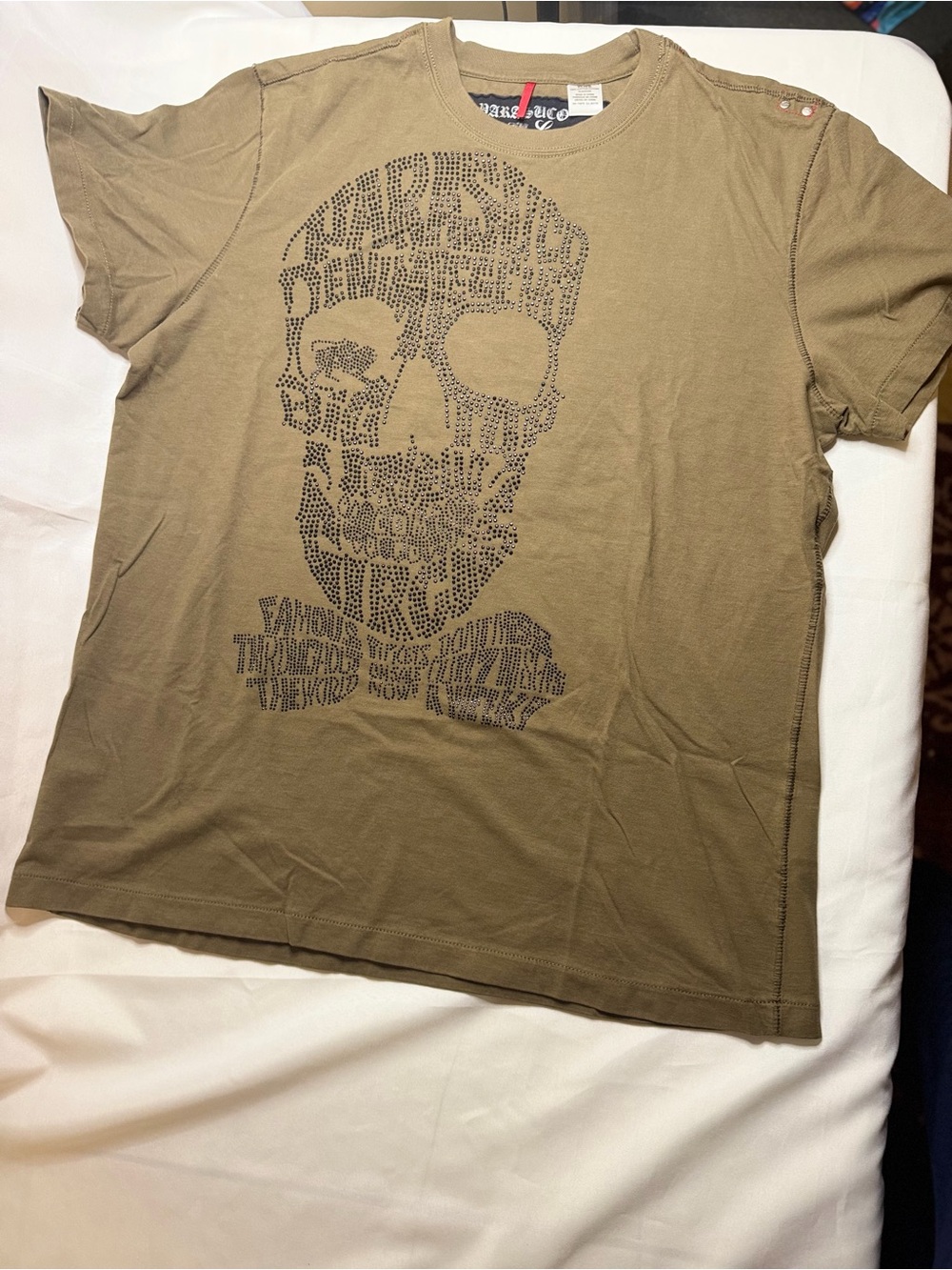 RARE Parasuco Olive Rhinestone Skull Graphic Short-Sleeve Tee